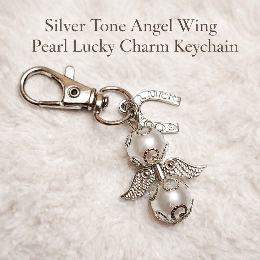 Silver Tone Angel Wing Pearl Lucky Charm Keychain